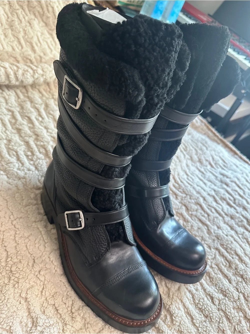 Coach Black Pebbled Leather Fur Shearling  Buckle Strap Combat Boot